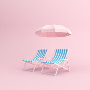 Mockup of beach chairs with umbrella on pink background. Minimal concept. 3D rendering
