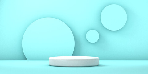 White blue podium 3d illustration. Vectorial round podium, pedestal or platform, background for the presentation of cosmetic products. Place for advertising. Background of the product stand.