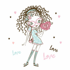Cute fashionista teen girl with pigtails with a heart in her hands. Valentine card. Vector.