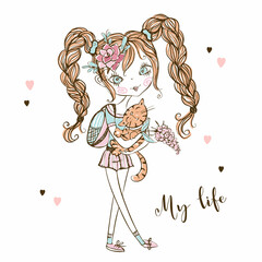 Cute fashionista teen girl with pigtails with her kitten. Vector