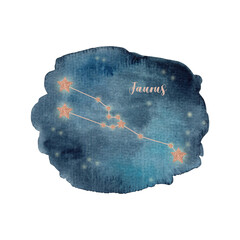 Taurus watercolor constellation on blue watercolor blot isolated on white background.