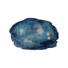Aries watercolor constellation on blue watercolor blot isolated on white background.