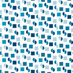 Abstract composition of squares and circles. Pattern with geometric shapes in blue and white color. Vector illustration. For wrapping paper, scrapbooking, fabric and decor.