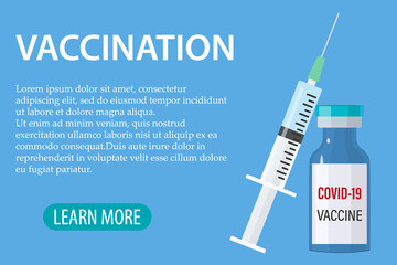 A banner with a pattern of vaccination.Vector background of vaccination against Covid-19. Vials of the Covid19 coronavirus vaccine and injection tools syringes for immunization