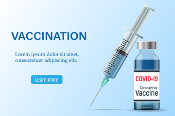 A banner with a pattern of vaccination.Vector background of vaccination against Covid-19. Vials with the vaccine against the coronavirus Covid19 and tools for injection syringes for immunization 