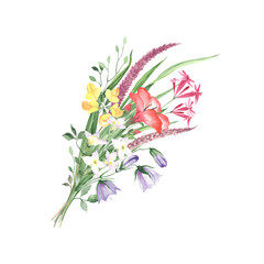 Bouquet of wildflowers, colorful watercolor illustration isolated on white background for invitation or greeting card, cute flowers for birthday or wedding. Hand drawn floral poster.