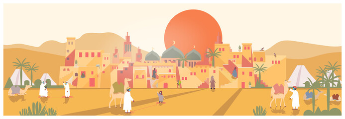 Landscape Vector illustration of mud brick oasis village in the desert during Covid-19 pandemic.Muslim brick village with traveller,camel,cat and tent.People wearing mask and making social distancing.