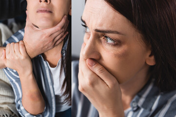 Collage of woman with bruises covering mouth and abusive husband choking at home