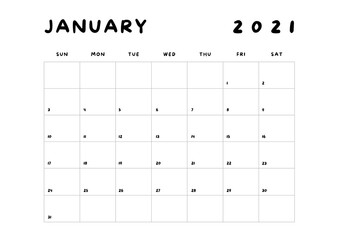 2021 Minimalist Black and White Calendar, Sunday Start Printable Calendar, Plain calendar, Monthly Planner, Desk Calendar, Landscape