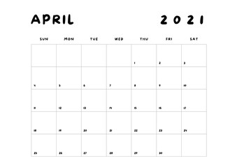 2021 Minimalist Black and White Calendar, Sunday Start Printable Calendar, Plain calendar, Monthly Planner, Desk Calendar, Landscape