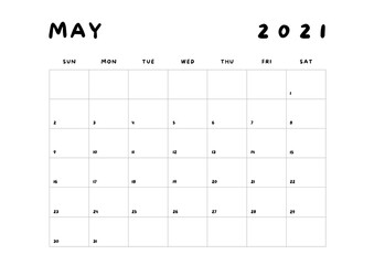 2021 Minimalist Black and White Calendar, Sunday Start Printable Calendar, Plain calendar, Monthly Planner, Desk Calendar, Landscape