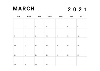 2021 Minimalist Black and White Calendar, Sunday Start Printable Calendar, Plain calendar, Monthly Planner, Desk Calendar, Landscape