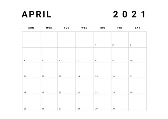 2021 Minimalist Black and White Calendar, Sunday Start Printable Calendar, Plain calendar, Monthly Planner, Desk Calendar, Landscape
