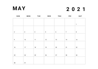 2021 Minimalist Black and White Calendar, Sunday Start Printable Calendar, Plain calendar, Monthly Planner, Desk Calendar, Landscape