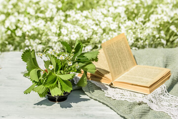 Open vintage book, blue forget-me-not flowers on wooden table, cozy morning in the village, sunny summer, holidays. Book of Batanica