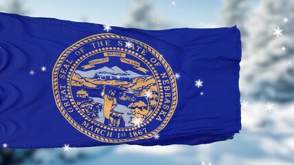Nebraska winter snowflakes flag background. United States of America. 3d illustration