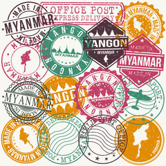 Yangon Myanmar Set of Stamps. Travel Stamp. Made In Product. Design Seals Old Style Insignia.