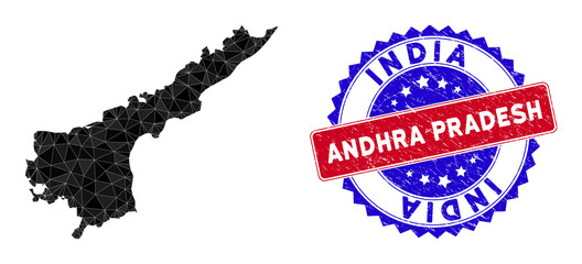 Andhra Pradesh State map polygonal mesh with filled triangles, and rough bicolor stamp seal. Triangle mosaic Andhra Pradesh State map with mesh vector model, triangles have various sizes,