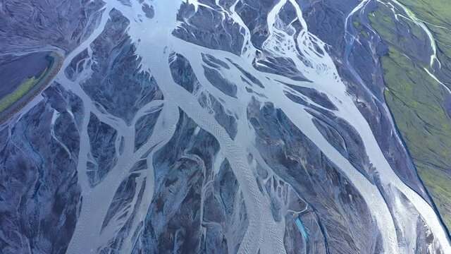 Aerial drone view of  glacial river system of Iceland