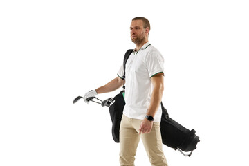 Going on. Golf player in a white shirt practicing, playing isolated on white studio background with...