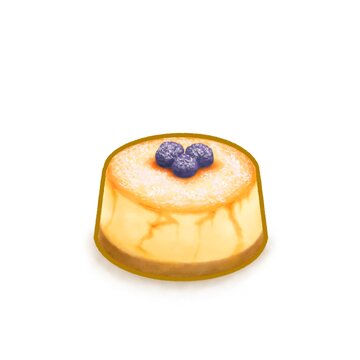 The digital painting of tasty blueberry (blackberry) cheesecake pastry tart bakery isometric icon raster illustration on white background.