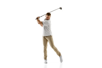 Impressed. Golf player in a white shirt taking a swing isolated on white studio background with copyspace. Professional player practicing with bright emotions and facial expression. Sport concept.