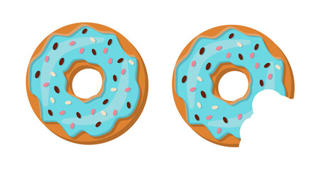 Set of Whole donuts and half-eaten donuts with blue glaze. Tasty doughnuts covered in chocolate cream isolated on a white background. Vector illustration in flat style. the top views