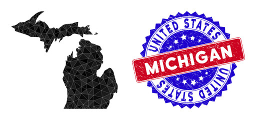 Michigan State map polygonal mesh with filled triangles, and rubber bicolor stamp seal. Triangle mosaic Michigan State map with mesh vector model, triangles have variable sizes, and positions,