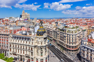 Fototapeta na wymiar Madrid, Spain. Aerial view of Gran Via, main shopping street in Madrid.