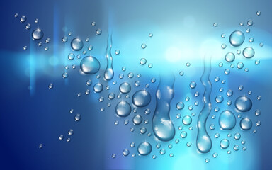Water rain drops or condensation over blurred city background beyond the window, realistic transparent 3d vector illustration, easy to put over any background or use droplets separately.