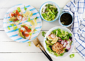 Ketogenic diet. Buddha bowl dish with  chicken burger, avocado, radish and black olives. Detox and healthy concept. Keto food. Overhead, top view, flat lay