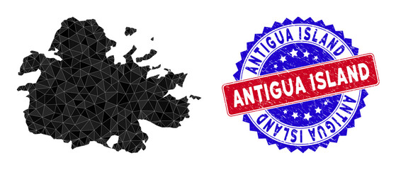 Antigua Island map polygonal mesh with filled triangles, and textured bicolor stamp imitation. Triangle mosaic Antigua Island map with mesh vector model, triangles have various sizes, and positions,