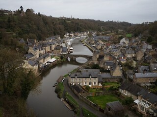 Panorama of Port of Dinan rance river from promenade of Duchesse Anne at English Garden in town...