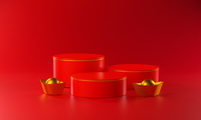 Three Cylinder Podium and Chinese Gold Ingot. Blank Space Mockup Red Background 3D Rendering