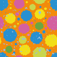 Holi festival inspired paint spatter circles seamless vector pattern background. Irregular tropical color painterly spots backdrop. Textural brush dotted design. Fun dots repeat for summer celebration