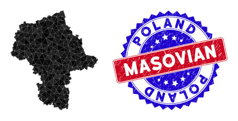 Masovian Voivodeship map polygonal mesh with filled triangles, and rubber bicolor seal. Triangle mosaic Masovian Voivodeship map with mesh vector model, triangles have variable sizes, and positions, © Aha-Soft