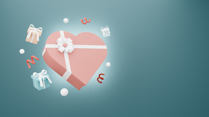 Happy Valentine's Day of Heart gift box with gift box on blue background. 3d rendering
