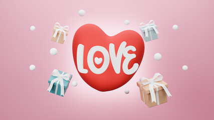 Happy Valentine's Day of text love 3d with hearts and gift box on pink pastel background. 3d rendering