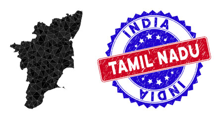 Tamil Nadu State map polygonal mesh with filled triangles, and unclean bicolor stamp seal. Triangle mosaic Tamil Nadu State map with mesh vector model, triangles have various sizes, and positions,