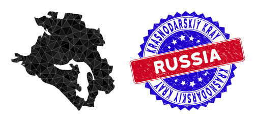 Obraz premium Krasnodarskiy Kray map polygonal mesh with filled triangles, and distress bicolor stamp. Triangle mosaic Krasnodarskiy Kray map with mesh vector model, triangles have various sizes, and positions,