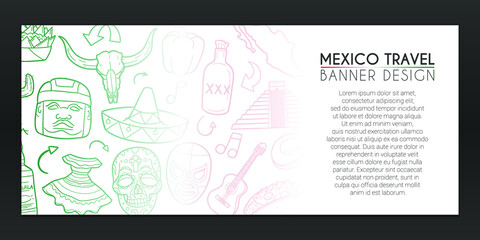 Mexico Banner Doodles.Travel Background Hand drawn. mexican Culture illustration. Fiesta Vector Horizontal Design.