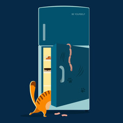 Illustration of a cat who eats sausages from the refrigerator at night. Call - Be yourself. Flat style. Blue, yellow and pink shades. It can be used in web design, printing.