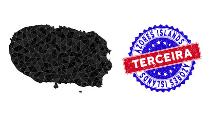 Terceira Island map polygonal mesh with filled triangles, and distress bicolor stamp print. Triangle mosaic Terceira Island map with mesh vector model, triangles have various sizes, and positions,