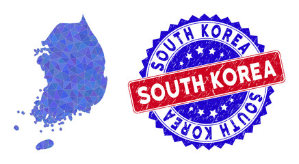 South Korea map polygonal mesh with filled triangles, and scratched bicolor stamp print. Triangle mosaic South Korea map with mesh vector model, triangles have randomized sizes, and positions,