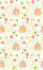 Rasterized copy: Seamless floral pattern (leaves, flower, brach) in the eclectic style of the late 19th century