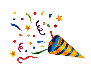 Bright Cartoon Symbol of birthday, New Year. Fun festive Christmas cracker with multicolored confetti. An element of watercolor design.