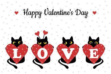 Black cat and red heart with polka dots on a white background. Winter festive postcard for Valentine's Day, declaration of love. Pattern for fashionable prints on cups, textiles, clothes, notebooks.
