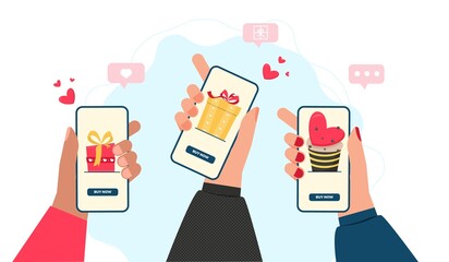 Online Valentines day shopping concept with hands and phones