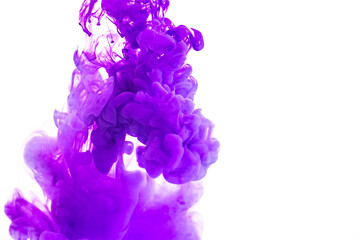 Purple paint sinking in water against white background