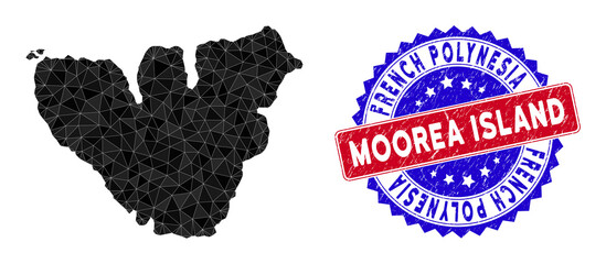 Moorea Island map polygonal mesh with filled triangles, and rough bicolor watermark. Triangle mosaic Moorea Island map with mesh vector model, triangles have different sizes, and positions,
